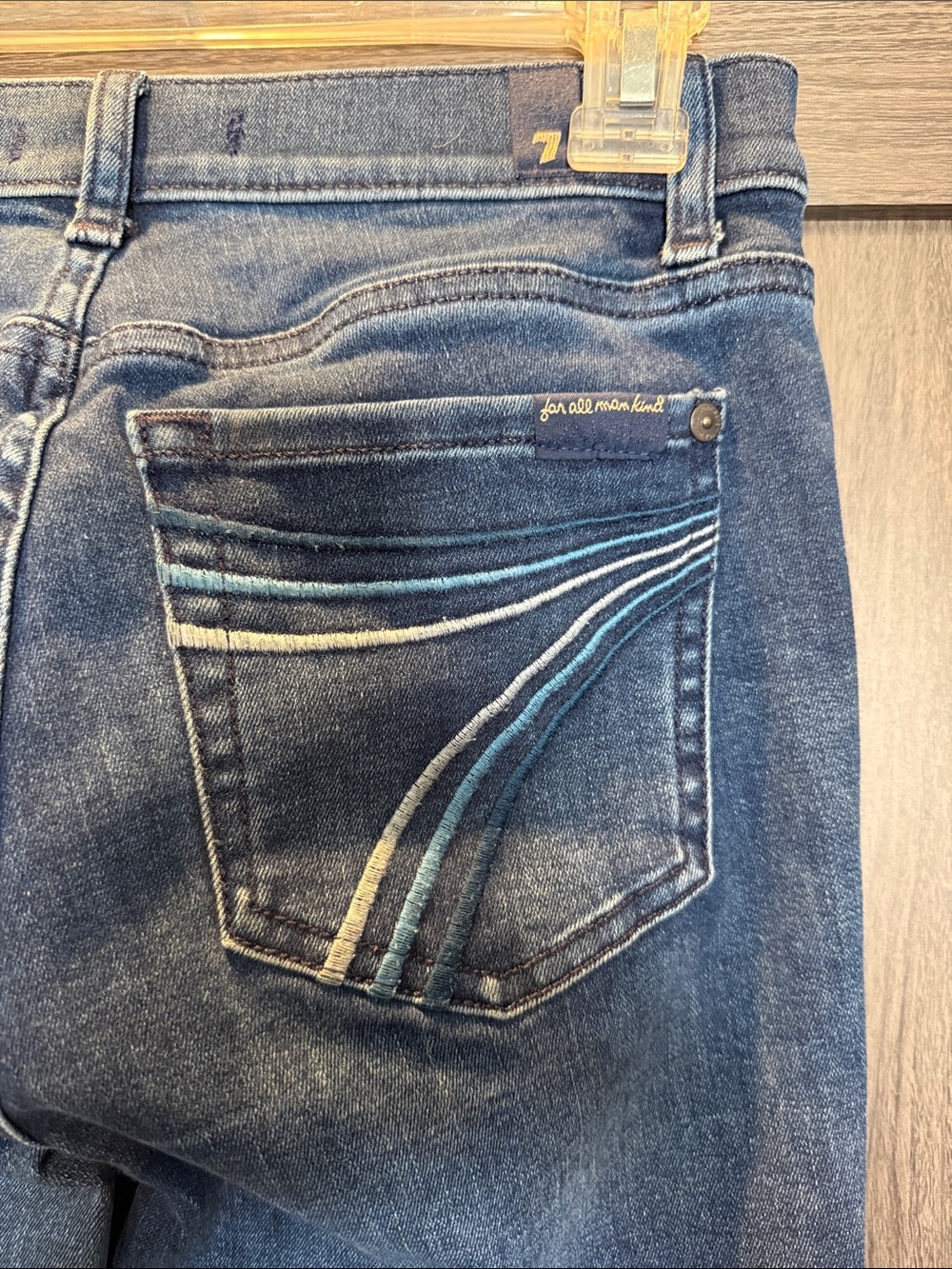 7 For All Mankind Dark Blue Flare Jeans with Contrast Pocket Stitching - Picture 2 of 4